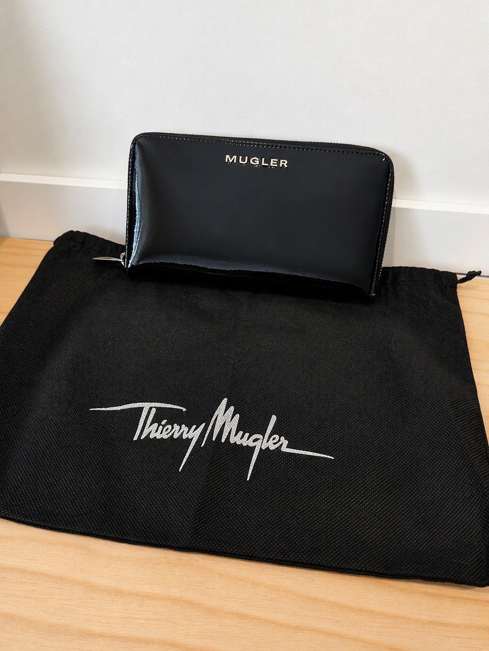Authentic Mugler Black Patent Leather Zippy Wallet w/ Dust Bag